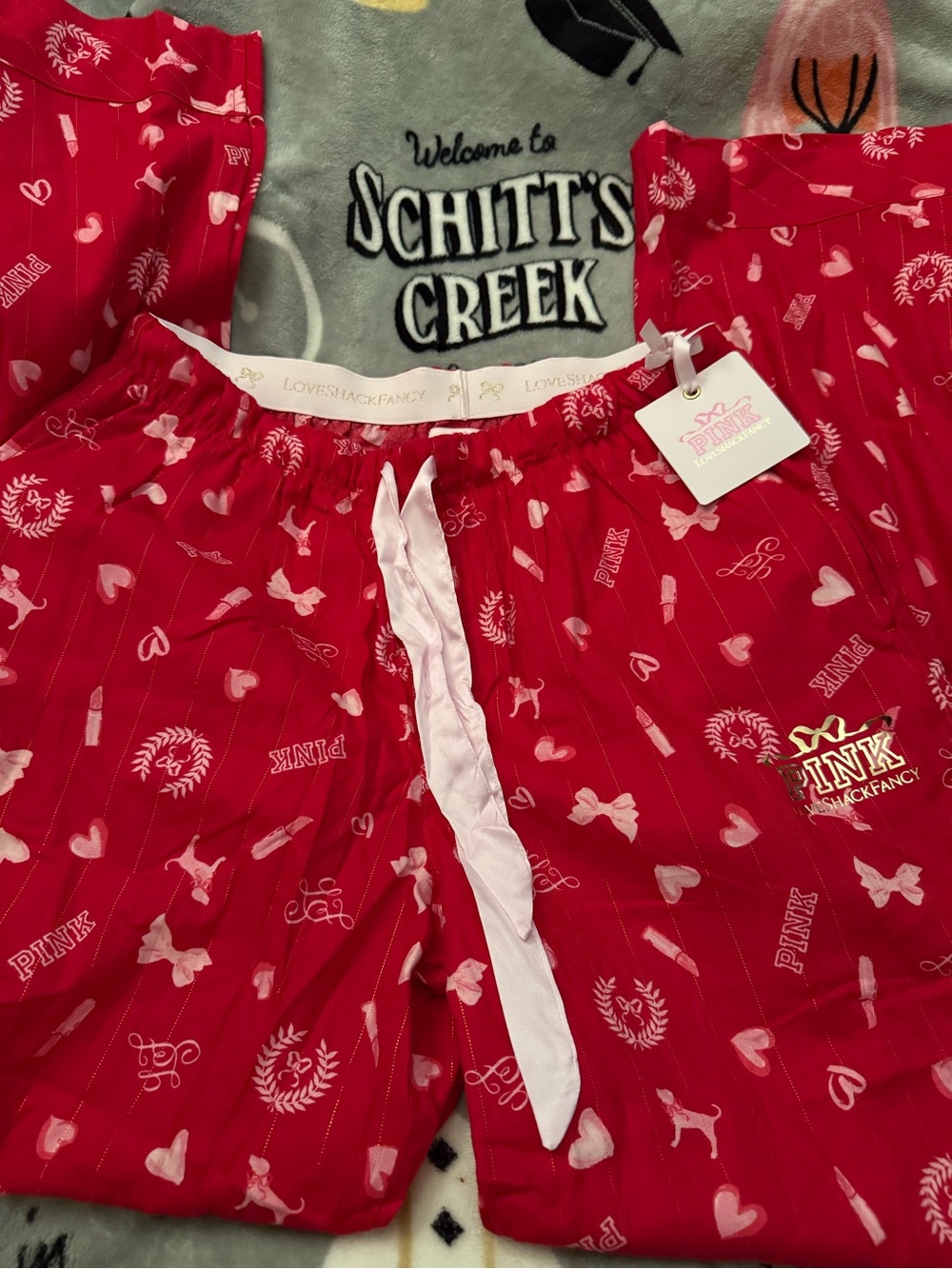 PINK Victoria's Secret Red Lounge Pants with Light Pink Accents love shack fancy